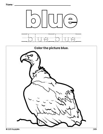 Free vulture color blue coloring page and color worksheet, blue worksheet for preschoolers to learn colors, printable PDF