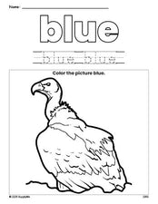 Free vulture color blue coloring page and color worksheet, blue worksheet for preschoolers to learn colors, printable PDF