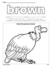 Free vulture color brown coloring page and color worksheet, brown worksheet for preschoolers to learn colors, printable PDF