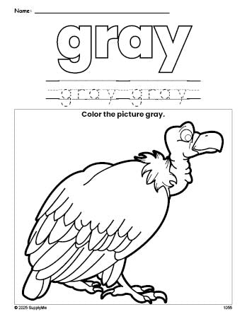 Free vulture color gray coloring page and color worksheet, gray worksheet for preschoolers to learn colors, printable PDF