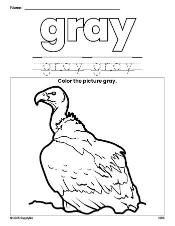 Free vulture color gray coloring page and color worksheet, gray worksheet for preschoolers to learn colors, printable PDF