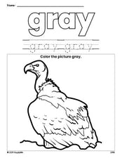 Free vulture color gray coloring page and color worksheet, gray worksheet for preschoolers to learn colors, printable PDF