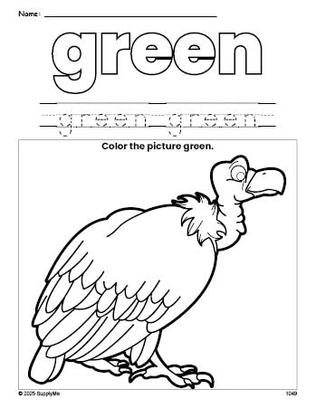 Free vulture color green coloring page and color worksheet, green worksheet for preschoolers to learn colors, printable PDF