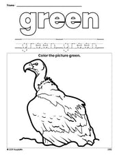 Free vulture color green coloring page and color worksheet, green worksheet for preschoolers to learn colors, printable PDF