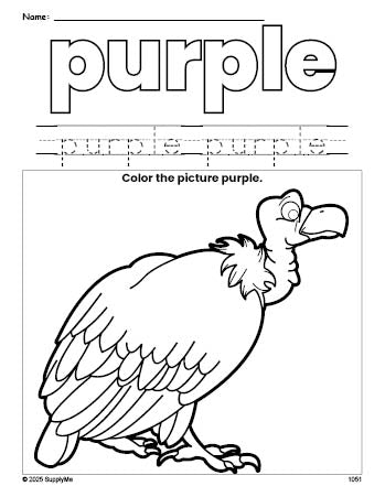 Free vulture color purple coloring page and color worksheet, purple worksheet for preschoolers to learn colors, printable PDF