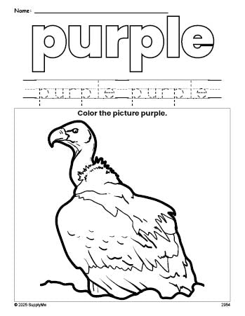 Free vulture color purple coloring page and color worksheet, purple worksheet for preschoolers to learn colors, printable PDF