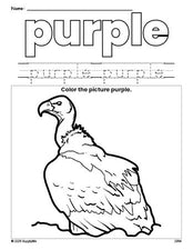 Free vulture color purple coloring page and color worksheet, purple worksheet for preschoolers to learn colors, printable PDF