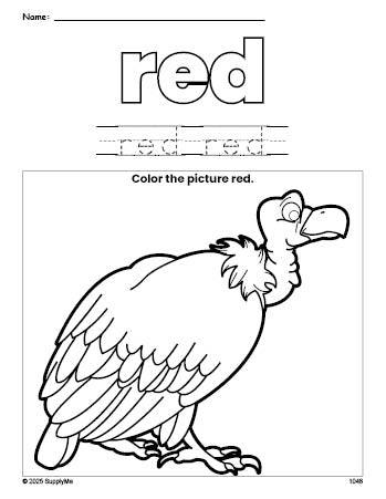 Free vulture color red coloring page and color worksheet, red worksheet for preschoolers to learn colors, printable PDF