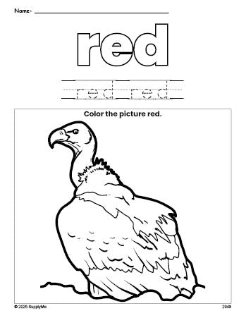 Free vulture color red coloring page and color worksheet, red worksheet for preschoolers to learn colors, printable PDF