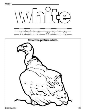 Free vulture color white coloring page and color worksheet, white worksheet for preschoolers to learn colors, printable PDF