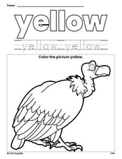 Free vulture color yellow coloring page and color worksheet, yellow worksheet for preschoolers to learn colors, printable PDF