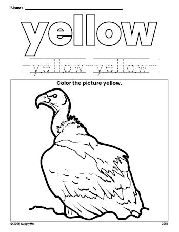 Free vulture color yellow coloring page and color worksheet, yellow worksheet for preschoolers to learn colors, printable PDF