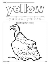 Free vulture color yellow coloring page and color worksheet, yellow worksheet for preschoolers to learn colors, printable PDF