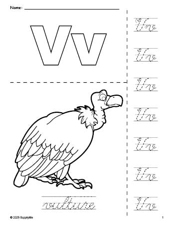 Free printable vulture coloring page and cursive letter tracing worksheet, letter v worksheet for preschool, pre-k, and kindergarten, PDF