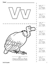 Free printable vulture coloring page and cursive letter tracing worksheet, letter v worksheet for preschool, pre-k, and kindergarten, PDF