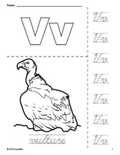 Free printable vulture coloring page and cursive letter tracing worksheet, letter v worksheet for preschool, pre-k, and kindergarten, PDF