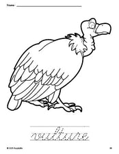 Free printable vulture coloring page and cursive word tracing worksheet, perfect for preschool, pre-k, and kindergarten, PDF