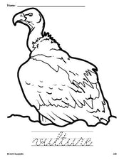 Free printable vulture coloring page and cursive word tracing worksheet, perfect for preschool, pre-k, and kindergarten, PDF