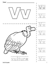 Free printable vulture coloring page and letter tracing worksheet, letter v worksheet for preschool, pre-k, and kindergarten, PDF