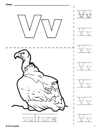 Free printable vulture coloring page and letter tracing worksheet, letter v worksheet for preschool, pre-k, and kindergarten, PDF