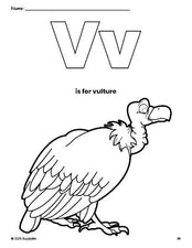 Free printable vulture coloring page, letter v coloring page for preschool, pre-k, and kindergarten, PDF