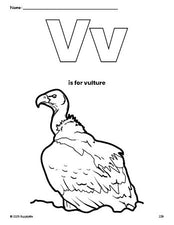 Free printable vulture coloring page, letter v coloring page for preschool, pre-k, and kindergarten, PDF