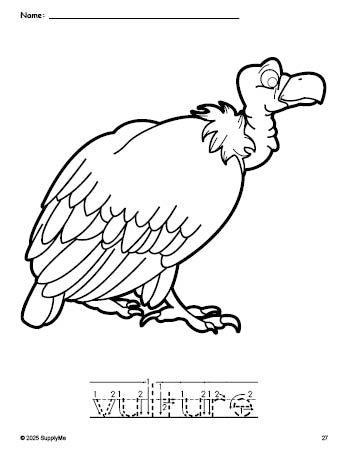 Free printable vulture coloring page and word tracing worksheet, letter formation guides, perfect for preschool, pre-k, and kindergarten, PDF