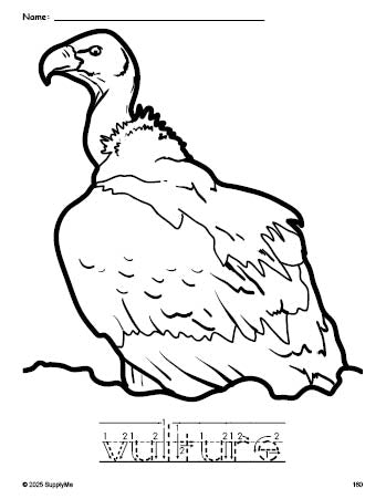 Free printable vulture coloring page and word tracing worksheet, letter formation guides, perfect for preschool, pre-k, and kindergarten, PDF