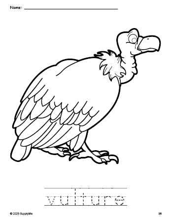 Free printable vulture coloring page and word tracing worksheet, perfect for preschool, pre-k, and kindergarten, PDF