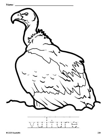 Free printable vulture coloring page and word tracing worksheet, perfect for preschool, pre-k, and kindergarten, PDF