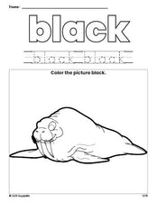 Free walrus color black coloring page and color worksheet, black worksheet for preschoolers to learn colors, printable PDF