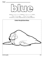 Free walrus color blue coloring page and color worksheet, blue worksheet for preschoolers to learn colors, printable PDF