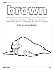 Free walrus color brown coloring page and color worksheet, brown worksheet for preschoolers to learn colors, printable PDF