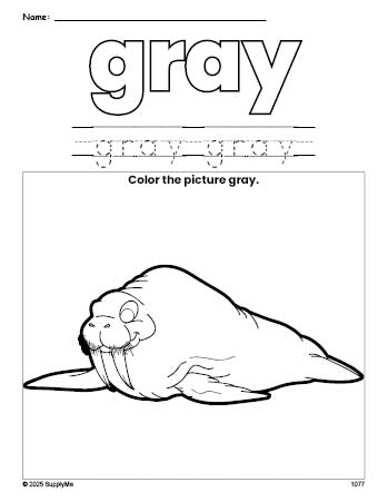 Free walrus color gray coloring page and color worksheet, gray worksheet for preschoolers to learn colors, printable PDF