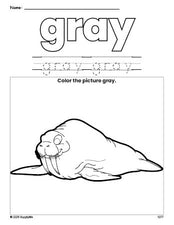 Free walrus color gray coloring page and color worksheet, gray worksheet for preschoolers to learn colors, printable PDF