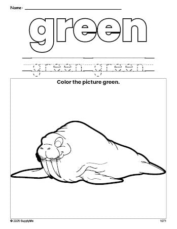 Free walrus color green coloring page and color worksheet, green worksheet for preschoolers to learn colors, printable PDF