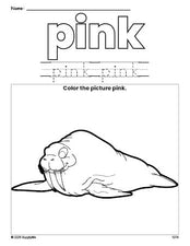 Free walrus color pink coloring page and color worksheet, pink worksheet for preschoolers to learn colors, printable PDF