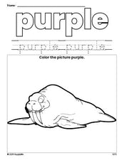 Free walrus color purple coloring page and color worksheet, purple worksheet for preschoolers to learn colors, printable PDF