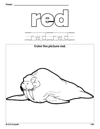 Free walrus color red coloring page and color worksheet, red worksheet for preschoolers to learn colors, printable PDF