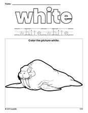 Free walrus color white coloring page and color worksheet, white worksheet for preschoolers to learn colors, printable PDF