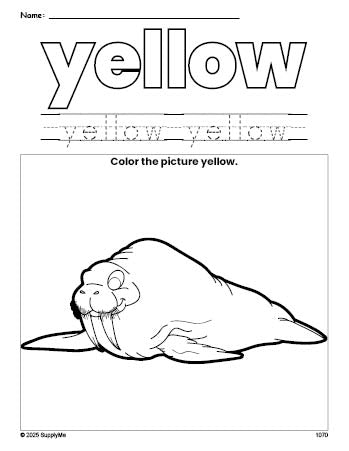 Free walrus color yellow coloring page and color worksheet, yellow worksheet for preschoolers to learn colors, printable PDF