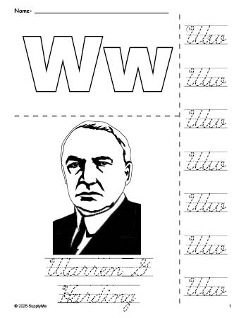 Free printable Warren G Harding Presidents' Day coloring page and cursive letter tracing worksheet, letter w worksheet for preschool, pre-k, and kindergarten, PDF