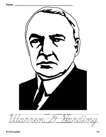 Free printable Warren G Harding Presidents' Day coloring page and cursive word tracing worksheet, perfect for preschool, pre-k, and kindergarten, PDF