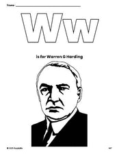 Free printable Warren G Harding Presidents' Day coloring page, letter w coloring page for preschool, pre-k, and kindergarten, PDF