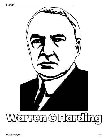 Free printable Warren G Harding Presidents' Day coloring page for preschool, pre-k, and kindergarten, PDF