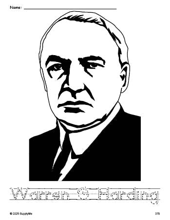 Free printable Warren G Harding Presidents' Day coloring page and word tracing worksheet, letter formation guides, perfect for preschool, pre-k, and kindergarten, PDF