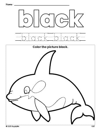 Free whale color black coloring page and color worksheet, black worksheet for preschoolers to learn colors, printable PDF