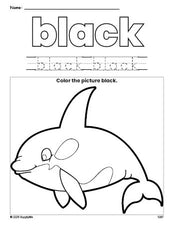 Free whale color black coloring page and color worksheet, black worksheet for preschoolers to learn colors, printable PDF