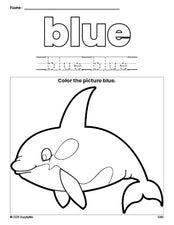 Free whale color blue coloring page and color worksheet, blue worksheet for preschoolers to learn colors, printable PDF