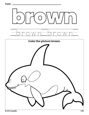 Free whale color brown coloring page and color worksheet, brown worksheet for preschoolers to learn colors, printable PDF